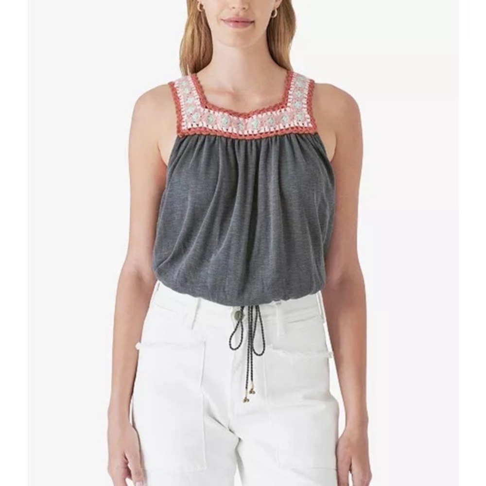 LUCKY Brand Crochet Neck Bubble Hem Gray Tank Top Cotton Boho Cottage Festival L